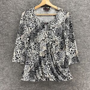 Dana Buchman Blouse Women S Small White Animal Print 3/4 Sleeve Round Neck